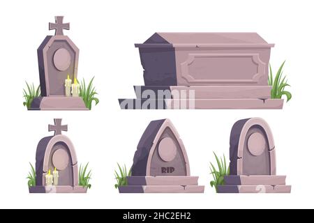 Set Steingrab, Denkmal im Cartoon-Stil isoliert auf weißem Hintergrund. Beerdigung, Friedhofsobjekt. Denkmal des Nachlebens. Vektorgrafik Stock Vektor