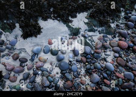 Farbenfrohe Felsen und Kieselsteine auf der Isle of Iona. Stockfoto