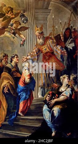 Presentazione di Maria al tempio - Präsentation der Maria im Tempel von Andrea Carlone 1639-1697 die Basilika della Santissima Annunziata del Vastato ist eine katholische Kathedrale in Genua, Italien, Italienisch, Dekoration beschäftigt die großen barocken Studios und Künstler in Genua im 17th. Jahrhundert. Stockfoto