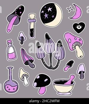 Vektor-Set von Hexerei Sticker. Flaschen und Flaschen mit Tränken und Liebeszaubern, Zauberpilzen und Hexenamuletten, der Mond mit Sternen und Mörtel Stock Vektor