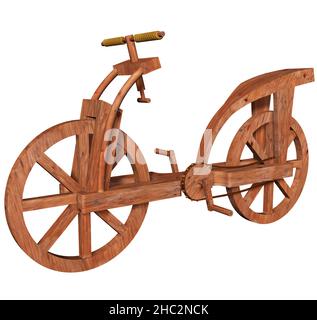 3D Rendering Illustration eines Fahrradprototyps, entworfen und erstellt von Leonardo da Vinci im Codex Atlanticus. Stockfoto
