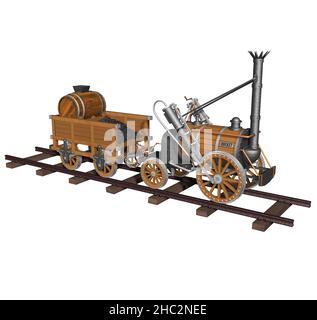 3D Rendering Illustration von Robert Stephenson´s Modell Raketendampflokomotive, erstellt 1829. Stockfoto