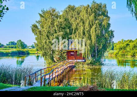 Das Holzfischerhaus auf der Insel, Stelzenfußbrücke über den Kodnyanka-Fluss, Schilf, Weidenzweige und grüne Flussufer, Old Solotvyn, Ukrain Stockfoto