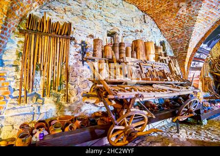 MEDZHYBIZH, UKRAINE - 13. JULI 2021: Ausstellung mit alten hölzernen landwirtschaftlichen Werkzeugen im Holodomor-Museum (große Hungersnot) im Schloss Medzhybizh, am 1. Juli Stockfoto