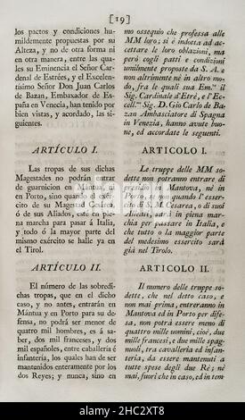 Vertrag der gegenseitigen Allianz, vereinbart zwischen König Philipp V. von Spanien und Ferdinand Karl III von Gonzaga, Herzog von Mantua, der den Herzog gezwungen, Truppen aus Spanien und Frankreich aufzunehmen. Am 24. Februar 1701 in Venedig abgeschlossen und am 19. März dieses Jahres in Buen-Retiro ratifiziert. Artikel I und II Sammlung der Verträge über Frieden, Allianz und Handel, die von der spanischen Krone mit den ausländischen Mächten angepasst wurden (Colección de los Tratados de Paz, Alianza, Comercio ajustados por la Corona de España con las Potencias Extranjeras). Band I. Madrid, 1796. Historische Militärbibliothek von Barcelona, Katalonien, Stockfoto