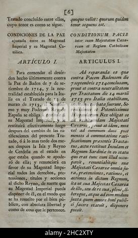 Vierfache Allianz. Gegründet am 2. August 1718 in London durch das Heilige Römische Reich, die Vereinigten Provinzen der Niederlande, Frankreich und Großbritannien, Mit dem Ziel, eine Koalition als Reaktion auf die spanische Kriegslust zu bilden, die sich weigerte, den Vertrag von Utrecht von 1713 in Bezug auf die ehemaligen spanischen Gebiete in Italien und den Niederlanden einzuhalten. Mit der Unterzeichnung des "Vertrags von Den Haag" (17. Februar 1720) trat Spanien dem Vertrag der Viererallianz bei, der eine Teilung umstrittener Gebiete neu organisierte. Dieser Vertrag wurde am 20. Mai dieses Jahres von König Philipp V. von Spanien in Aranjuez ratifiziert Stockfoto