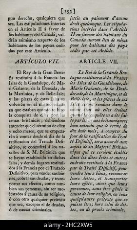 Vorläufige Artikel des Vertrags, die am 3. November 1762 in Fontainebleau zwischen den Königreichen Frankreich und Spanien geschlossen wurden. Frankreich übergab Spanien das historische nordamerikanische Territorium von Louisiana, eine der Verwaltungsabteilungen von Neufrankreich (das von Frankreich in Nordamerika kolonisierte Gebiet). Artikel VII (über die Rückgabe der Inseln Guadeloupe, Marie-Galante, La Désirade, Martinique und Belle-Ile durch Großbritannien an Frankreich). Sammlung der Verträge über Frieden, Allianz und Handel, die von der spanischen Krone mit den ausländischen Mächten (Colección de los Tratados de Paz, Alianza, Comer Stockfoto