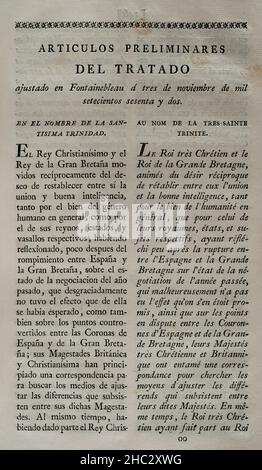 Vorläufige Artikel des Vertrags, die am 3. November 1762 in Fontainebleau zwischen den Königreichen Frankreich und Spanien geschlossen wurden. Frankreich übergab Spanien das historische nordamerikanische Territorium von Louisiana, eine der Verwaltungsabteilungen von Neufrankreich (das von Frankreich in Nordamerika kolonisierte Gebiet). Sammlung der Verträge über Frieden, Allianz und Handel, die von der spanischen Krone mit den ausländischen Mächten angepasst wurden (Colección de los Tratados de Paz, Alianza, Comercio ajustados por la Corona de España con las Potencias Extranjeras). Band III Madrid, 1801. Historische Militärbibliothek von Barcelona, Catalo Stockfoto