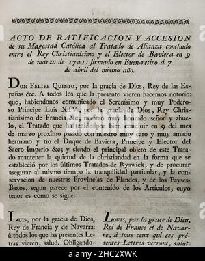 „Vertrag von Versailles“ (9. März 1701). Allianz zwischen Frankreich und Bayern, der Spanien am 7. April 1701 beigetreten ist. Der französische König Ludwig XIV. Und Philipp V. von Spanien haben sich am Vorabend des spanischen Erbfolgekrieges mit dem Kurfürsten von Bayern, Maximilian II. Emanuel, verbündet. Der Kurfürst von Bayern würde die französisch-spanische Koalition im bevorstehenden Krieg politisch und militärisch unterstützen, im Gegenzug für die Abtretung zu seinen Gunsten von den spanischen Niederlanden. Ratifikations- und Beitrittsakt von König Philipp V. zum vom Kurfürsten von Bavari geschlossenen Bündnisvertrag Stockfoto