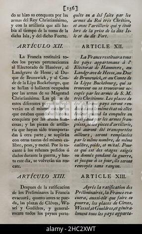 Vorläufige Artikel des Vertrags, die am 3. November 1762 in Fontainebleau zwischen den Königreichen Frankreich und Spanien geschlossen wurden. Frankreich übergab Spanien das historische nordamerikanische Territorium von Louisiana, eine der Verwaltungsabteilungen von Neufrankreich (das von Frankreich in Nordamerika kolonisierte Gebiet). Artikel XII (Frankreich muss alle dem Kurfürstentum Hannover, dem Landgrafen von Hessen, dem Herzog von Braunschweig und dem Grafen von Schaumburg-Lippe-Bückeburg gehörenden Länder zurückzahlen). Sammlung der Verträge von Frieden, Allianz und Handel, die von der spanischen Krone mit den ausländischen Mächten (Colec Stockfoto