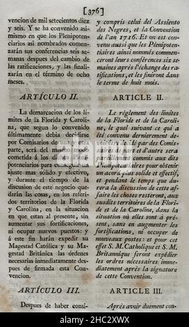 „Pardo-Übereinkommen“. Vertrag zwischen König Philipp V. von Spanien und König Georg III. Von Großbritannien zur Beilegung von Schadensersatzansprüchen, die bei Durchsuchungen britischer Schiffe und anderer anhängiger Ansprüche zwischen beiden Ländern entstanden sind. Unterzeichnet am 14. Januar 1739 in der königlichen Stätte von El Pardo. Artikel II (über die Abgrenzung der Territorien von Florida und Carolina). Sammlung der Verträge über Frieden, Allianz und Handel, die von der spanischen Krone mit den ausländischen Mächten angepasst wurden (Colección de los Tratados de Paz, Alianza, Comercio ajustados por la Corona de España con las Potencias Extranjeras). Band II. Madrid, 180 Stockfoto