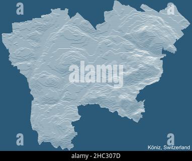 Topographische technische Zeichnung Reliefkarte der Stadt Köniz, Schweiz mit weißen Konturlinien auf blauem Hintergrund Stock Vektor