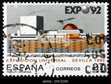 SPANIEN - UM 1992: Eine in Spanien gedruckte Briefmarke zeigt die Weltausstellung EXPO ’92, Sevilla, um 1992 Stockfoto