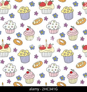 Cake Nahtloses Muster. Handgezeichneter Hintergrund mit variuos Kuchen auf weiß. Stock Vektor