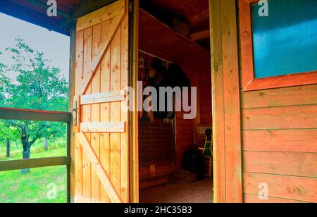 Kleines Haus Hütte Schuppen. Nette Sommerhütte in ländlichen Obstgarten. Nahaufnahme Stockfoto