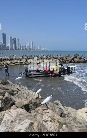 Fischer arbeiten am Strand von Bocagrande in Cartagena de Indias, Kolumbien Stockfoto