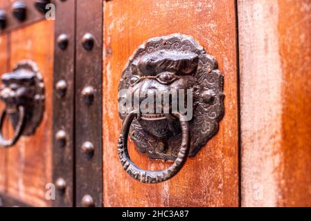 Detail von alten metallischen Klopfer oder Griff auf der Holztür Stockfoto
