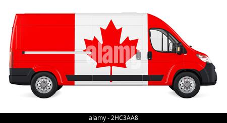 Kanadische Flagge auf kommerziellem Lieferwagen gemalt. Frachtlieferung in Kanada, Konzept. 3D Darstellung isoliert auf weißem Hintergrund Stockfoto