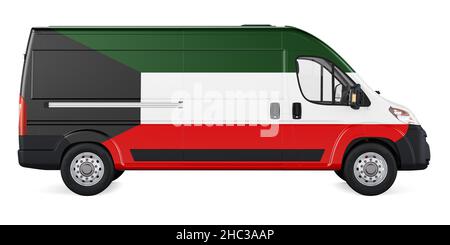 Kuwaitische Flagge auf kommerziellem Lieferwagen gemalt. Frachtlieferung in Kuwait, Konzept. 3D Darstellung isoliert auf weißem Hintergrund Stockfoto