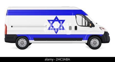 Israelische Flagge auf kommerziellem Lieferwagen gemalt. Frachtlieferung in Israel, Konzept. 3D Darstellung isoliert auf weißem Hintergrund Stockfoto