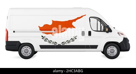 Zypriotische Flagge auf kommerziellem Lieferwagen gemalt. Frachtlieferung in Zypern, Konzept. 3D Darstellung isoliert auf weißem Hintergrund Stockfoto