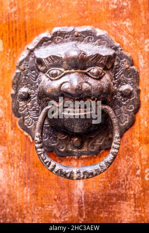 Detail von alten metallischen Klopfer oder Griff auf der Holztür Stockfoto