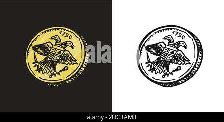 Uralte Münze oder Geld. Geldbelohnung. Handgraviert in alter Skizze, Vintage-Stil. Stock Vektor