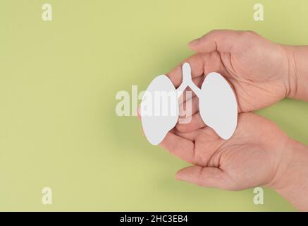 Papierlunge in der Hand halten, Lungenkrebs, Covid-19-Virus, Welttuberculois-Tag, kein Tabacotag, Organspende, Konzept der Luftverschmutzung Stockfoto