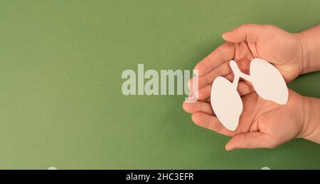 Papierlunge in der Hand halten, Lungenkrebs, Covid-19-Virus, Welttuberculois-Tag, kein Tabacotag, Organspende, Konzept der Luftverschmutzung Stockfoto