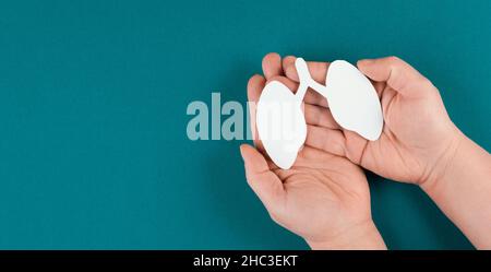 Papierlunge in der Hand halten, Lungenkrebs, Covid-19-Virus, Welttuberculois-Tag, kein Tabacotag, Organspende, Konzept der Luftverschmutzung Stockfoto