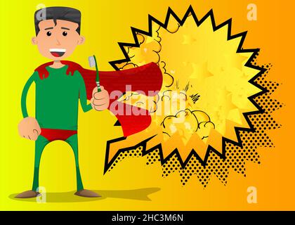 Witziger Cartoon-Mann, der als Superheld mit Zahnbürste gekleidet war. Vektorgrafik. Stock Vektor