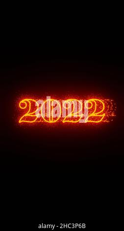 3D Illustration Grafik Telefon Hintergrund des Textes 2022 mit orangen Farbpartikeln Bewegungsgrafiken. Einführung Zu Einem Guten Rutsch Ins Neue Jahr Stockfoto