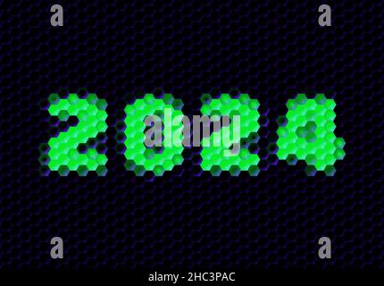 Zeichen des 2024 Jahres mit Hex-Pixel-Raster. Jahreszahl oder Ziffern für Feiertagskarte oder Kalender. Stock Vektor