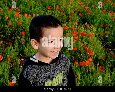 Fröhlicher Junge mit einem großen Lächeln, der an einem sonnigen Frühlingstag auf einem Mohnfeld spielt Stockfoto