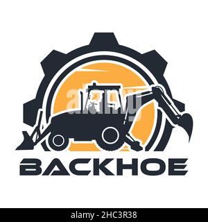 Logo für schwere Maschinen mit Fahrer, der eine Baggerlader mit einem Getriebe im Hintergrund fährt Stock Vektor