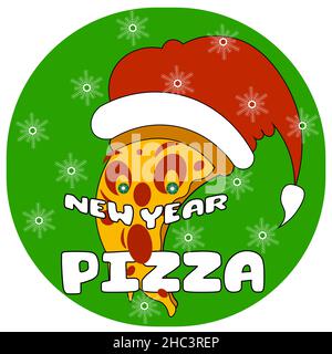 Buntes Logo der Neujahrspizza ein Stück Pizza in Form des weihnachtsmannes 1 Stock Vektor