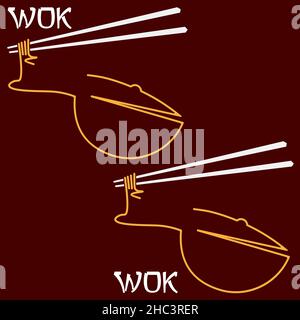 Abstrakt minimal Logo Wok aus Stäbchen und Nudeln 1 Stock Vektor