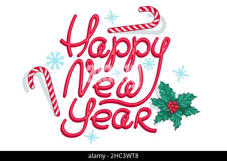 Vektorbanner für Neujahr mit handzeichnerem Schriftzug. Vector Retro Banner für Neujahr mit Urlaub Süßigkeiten Stöcke und Pflanzen. Stock Vektor