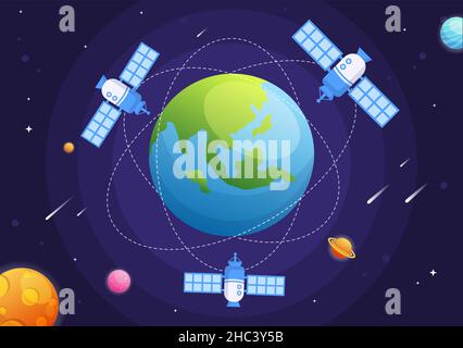 Künstliche Satelliten umkreisen den Planeten Erde mit drahtloser Technologie Globale 5G Internet-Netzwerk-Satellitenkommunikation im Hintergrund Illustration Stock Vektor