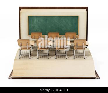 Sitze im Klassenzimmer und Tafel auf offenen Buchseiten. Bildungskonzept. 3D Abbildung. Stockfoto