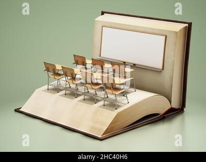 Sitze im Klassenzimmer und Tafel auf offenen Buchseiten. Bildungskonzept. 3D Abbildung. Stockfoto