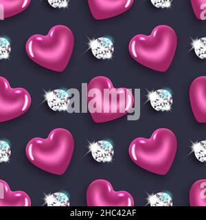 Nahtloses Muster mit magentafarbenen Herzen und funkelnden Diamanten. Verpackungsdesign für Valentinstag, Frauentag, Jubiläum, Geburtstag. Gegen eine Dunkelheit Stock Vektor