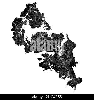 Karte von Auckland. Detaillierte Vektorkarte des Verwaltungsgebiets der Stadt Auckland. Blick auf das Stadtbild mit Postern und die Arie der Metropole. Schwarzes Land mit weißen Straßen, Straßen Stock Vektor