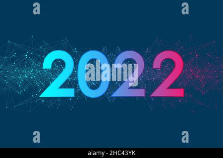 Moderne futuristische Technologie-Vorlage Illustration für Frohe Weihnachten und glückliches Neues Jahr 2022 mit verbundenen Linien und Punkten. Geometrischer Plexus-Effekt Stockfoto