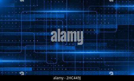 Informationstechnologie-Konzept in blauem Design - grafische Elemente über Blöcken von Binärcode als quadratisches Raster angeordnet - 3D Illustration Stockfoto