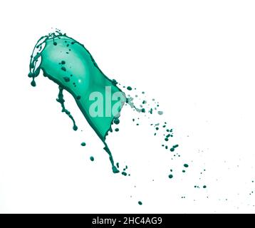 Grüne Farbspritzer isoliert auf weißem Hintergrund mit Platz für Werbung, Text und Design Stockfoto
