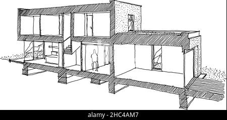 Handgezeichnete architektonische Skizze des Querschnitts durch ein modernes Einfamilienhaus Stockfoto