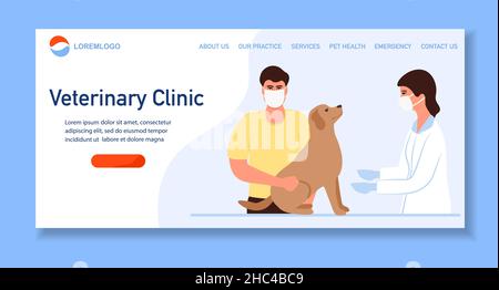 Vektorgrafik Besuch zum Arzt mit Hund. Tierklinik Krankenhaus. Gesundheitswesen. Tierarztuntersuchung. Tierarzt untersucht Hund. Tierarzt Curi Stock Vektor