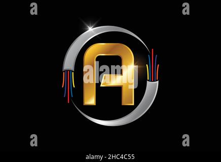 Initial Ein Monogramm Buchstaben Alphabet mit elektrischem Draht, Glasfaserkabel. Schrift-Emblem. Stock Vektor