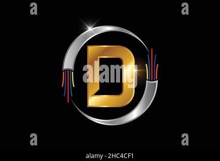 Initial D Monogram Letter Alphabet mit elektrischem Draht, Glasfaserkabel. Schrift-Emblem. Stock Vektor